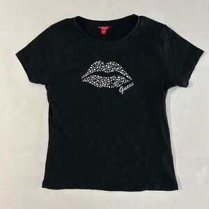 VTG Y2K Guess Silver Rhinestone Lips Black Tee, XL